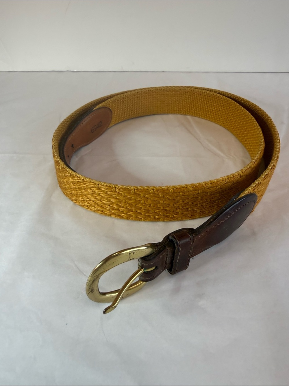 Torino Woven Mustard Yellow Belt with Brown Leather Trim and Gold Buckle